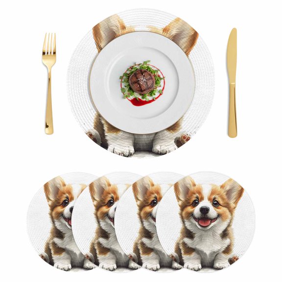 Funny Puppy Round Placemats Set of 4 Modern Simple Cute Dog Animal Portrait Place Mats Indoor Woven Table Mats Washable Heat-Resistance Braided Dining Table Placemats for Kitchen Party Decor 15 Inch