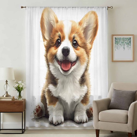 Funny Puppy Sheer Curtains 45 Inches Long, Modern Simple Cute Dog Animal Portrait Light Filering Curtains, Breathable Simi Curtain Privacy Drapes for Kitchen Bathroom Small Window Treatment