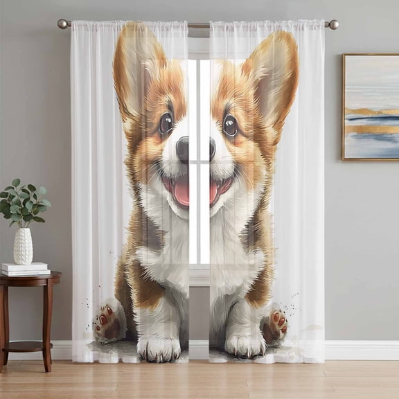 Funny Puppy Sheer Curtains 63 Inch Length 2 Panels Set, Modern Simple Cute Dog Animal Portrait Voile Window Treatment Rod Pocket Curtains Sheers Drapes for Bedroom/Living Room/Kitchen 52x"63"x2
