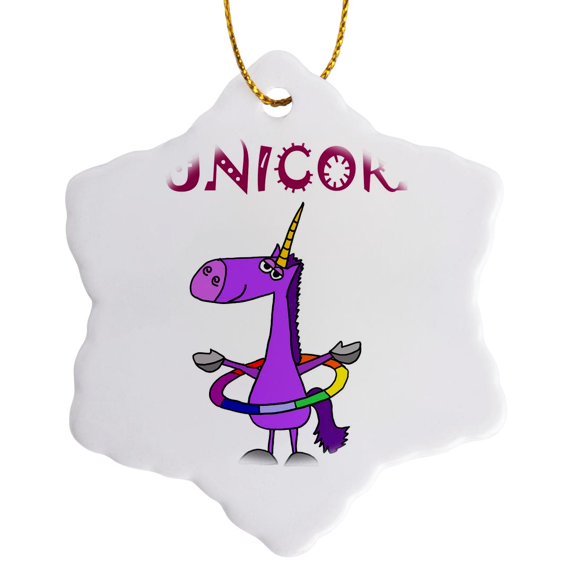 3drose, Funny Purple Unicorn Playing Hula Hoop Is a Funicorn, 3 inch Snowflake Porcelain Ornament