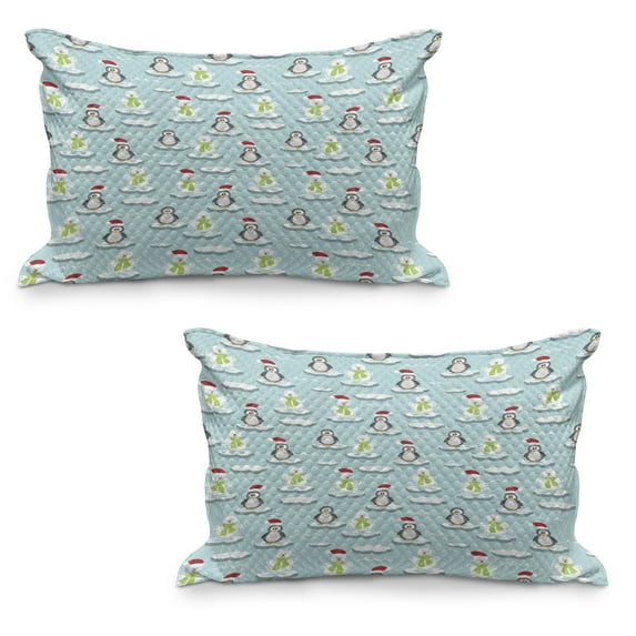 Funny Quilted Pillowcover Set of 2, Penguins and Snowmans on Ice Floes Antarctica Cartoon Caps Scarfs Funny Pattern, Standard Queen Size Pillow Cover for Bedroom, 30" x 20", Multicolor, by Ambesonne