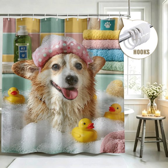 Funny Quirky Corgi Bathing Shower Curtain, Funny Animals Shower Curtain Set for Bathroom, Cute Whimsical Waterproof Cloth Fabric Shower Curtain with Hooks for Pet Lover Bathroom Decor, 72x72in