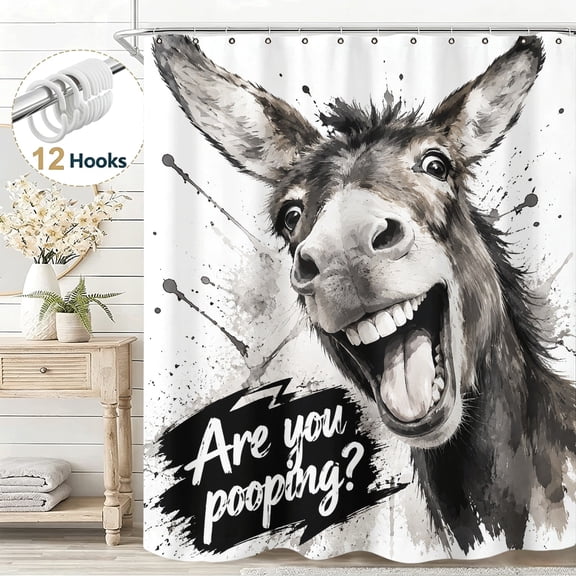 Funny Quirky Donkey Pattern Shower Curtain, Funny Animals Shower Curtain Set for Bathroom, Whimsical Humorous Waterproof Cloth Fabric Shower Curtain with Hooks, 48" x 72"