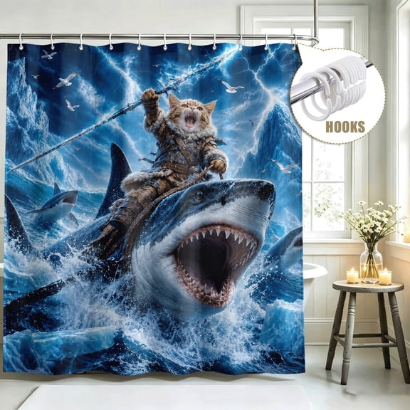 Funny Quirky Warrior Cat Riding Shark Shower Curtain, Funny Animals Shower Curtain Set for Bathroom, Whimsical Cool Ocean Themed Waterproof Cloth Fabric Shower Curtain with Hooks, 72*72in