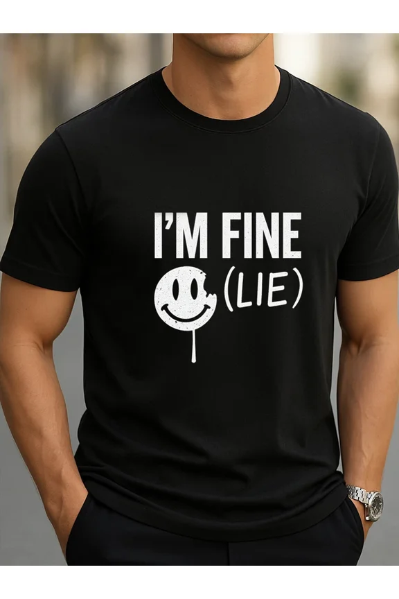 Funny Quote 'I'm Fine (Lie)' Dark Humor Smiley Face Graphic Unisex T-Shirt, up to Size 5XL