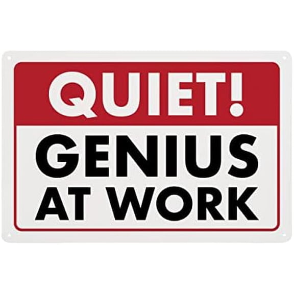 Funny Quote Quiet Genius at Work Metal Tin Sign Vintage Wall Decor for Garage Office Bedroom Mechanic Humor Art 8x12 Inch