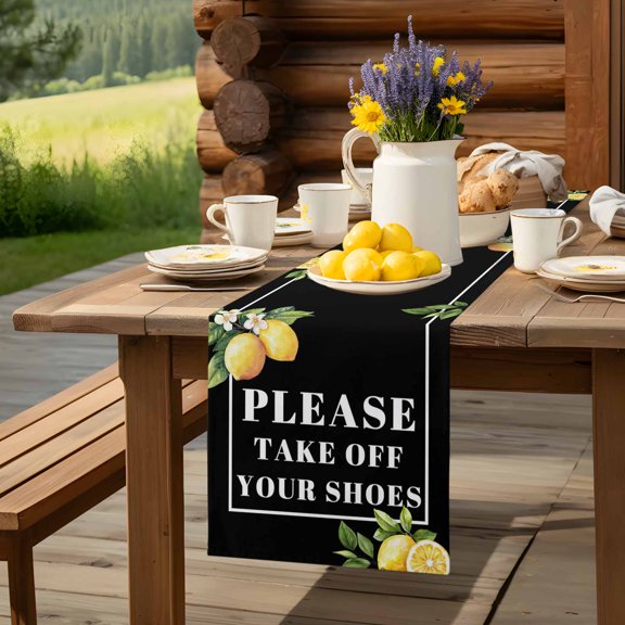 Funny Quotes Please Take off Your Shoes Table Runner 13x36in Non-Slip Cotton Linen Table Runners, Lemon on Black Dresser Scarves TableRunner for Dinner Kitchen Dining Wedding Party