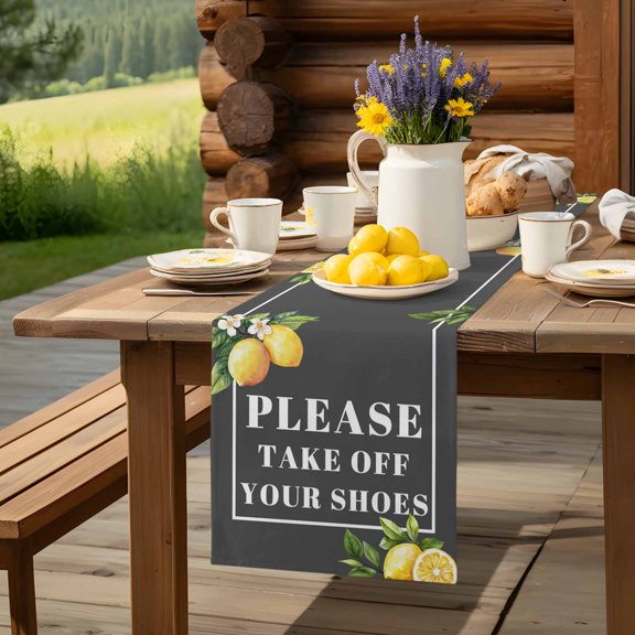 Funny Quotes Please Take off Your Shoes Table Runner 13x36in Non-Slip Cotton Linen Table Runners, Lemon on Grey Dresser Scarves TableRunner for Dinner Kitchen Dining Wedding Party