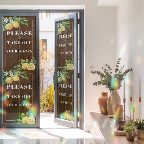 Funny Quotes Please Take off Your Shoes Window Privacy Film, Rainbow Film Decorative Window Sticker 23.6x78.7in, Lemon on Brown Sun Blocking Static Stained Glass Cling Tint Non-Adhesive