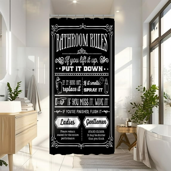 Funny Quotes Shower Curtains, Cool Bathroom Rules Shower Curtain, Fun 72 x 72 Inch Black and White Fable Motto Waterproof Shower Curtains with Metal Hooks for Bathroom Decor