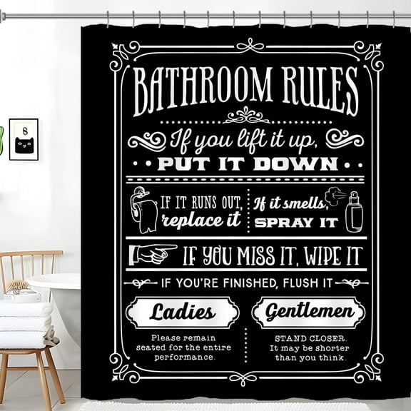 Funny Quotes Shower Curtains, Cool Bathroom Rules Shower Curtain, Fun 72 x 72 Inch Black and White Fable Motto Waterproof Shower Curtains with Metal Hooks for Bathroom Decor