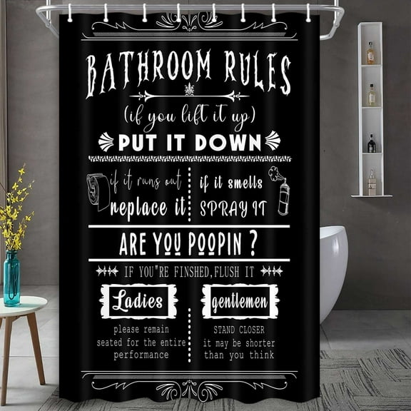 Funny Quotes Shower Curtains,Unique Funny Cool Bathroom Rules Shower Curtains, Black and White Fable Bathroom Shower Curtain with Plastic Hooks,48X72 Inch.
