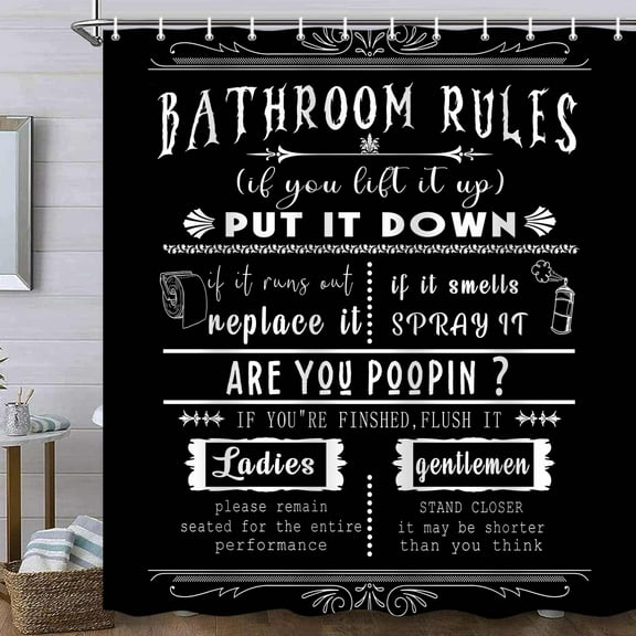 Funny Quotes Shower Curtains,Unique Funny Cool Bathroom Rules Shower Curtains, Black and White Fable Bathroom Shower Curtain with Plastic Hooks,71X71 Inch.
