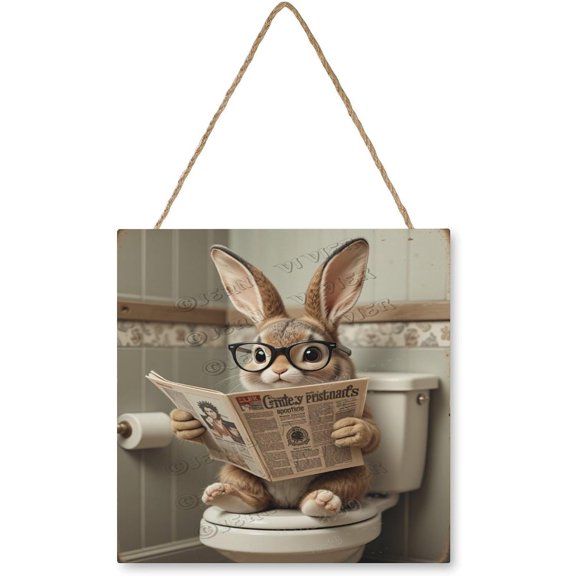 Funny Rabbit Reading A Newspaper Happy Easter Wooden Sign | Wooden Rabbit Hanging Plaque | Festival Wall Door Sign Home Decoration 12"x12"