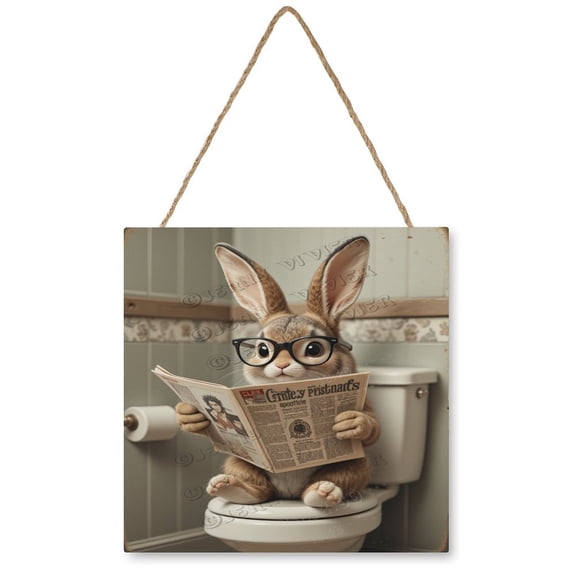 Funny Rabbit Reading A Newspaper Happy Easter Wooden Sign | Wooden Rabbit Hanging Plaque | Festival Wall Door Sign Home Decoration 12"x12"