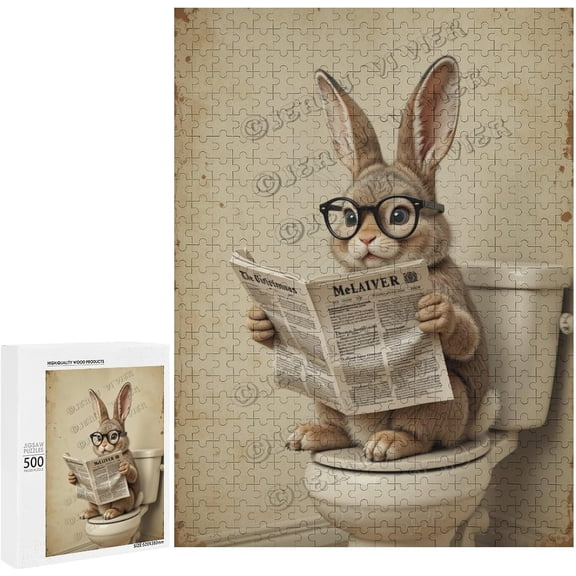 Funny Rabbit Reading A Newspaper Wooden 500 Piece Puzzles for Adults, Unique Puzzles for Adults, Bunny Wooden Jigsaw Puzzles, Fun Family Game, 20.5"x15.0", Rabbit