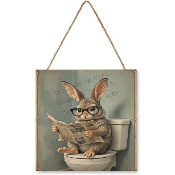 Funny Rabbit Reading A Newspaper Wooden Plaque Signs Hanging Wall Decor Gift for Rabbit Lovers Funny Bunny Wall Decor, Easter Bunny Decorations for Home Rabbit Sign 12"x12"