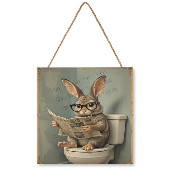 Funny Rabbit Reading A Newspaper Wooden Plaque Signs Hanging Wall Decor Gift for Rabbit Lovers Funny Bunny Wall Decor, Easter Bunny Decorations For Home Rabbit Sign 12"x12"