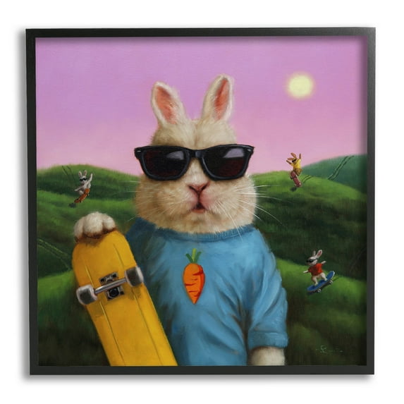 Funny Rabbit Skateboarding Park Animals & Insects Painting Black Framed Art Print Wall Art