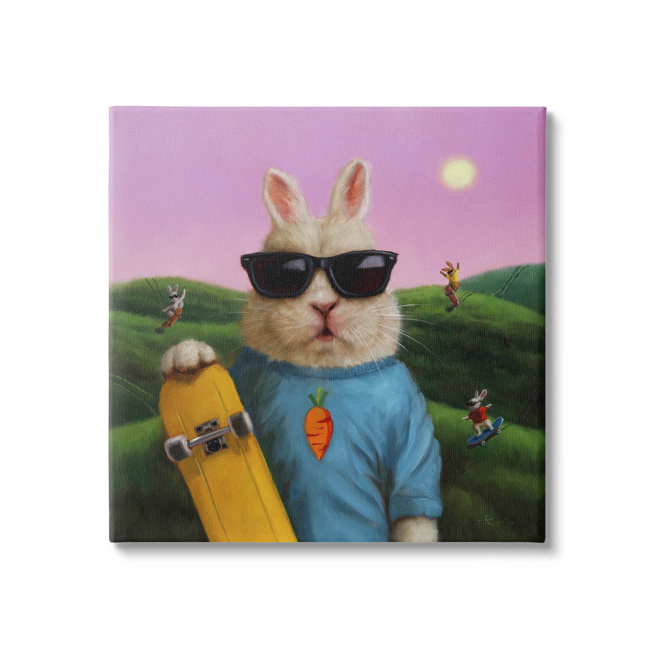 Funny Rabbit Skateboarding Park Animals & Insects Painting Gallery Wrapped Canvas Print Wall Art