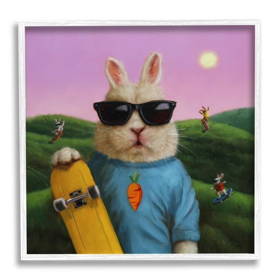 Funny Rabbit Skateboarding Park Animals & Insects Painting White Framed Art Print Wall Art