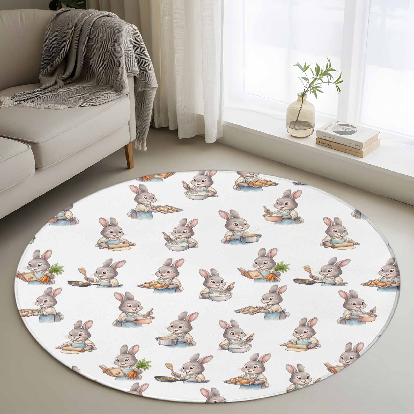 Funny Rabbits Round Area Rug 4Ft Washable Circle Rugs for Bedroom ...