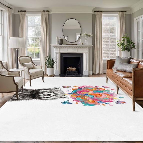 Funny Raccoon Area Rugs 5'x7', Washable Small Throw Rugs for Laundry Room Playroom, Modern Abstract Art Colorful Clouds Indoor Outdoor Rug Non-Slip Low Pile Carpet Runner Reversible Floor Mats