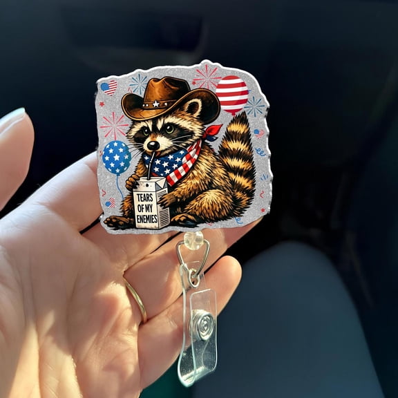 Funny Raccoon Badge Reel, Tears of My Enemies Badge Holder, Patriotic Cowboy Raccoon Acrylic ID Reel, USA Gift
