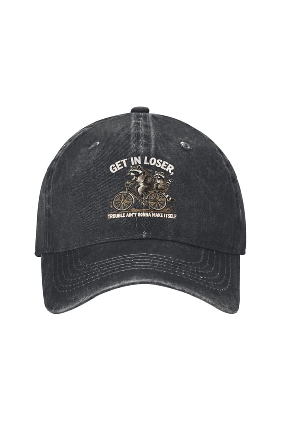 Funny Raccoon Baseball Cap with Riding Bicycles Denim Comfortable Raccoon Hat Gifts for Women Men Adults Teachers