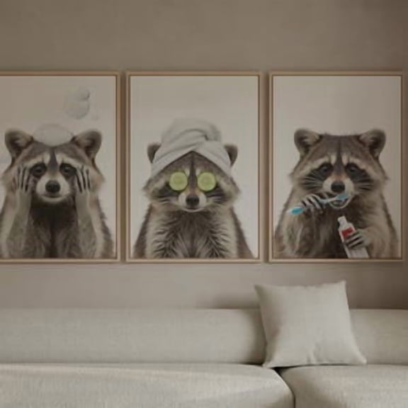 Funny Raccoon Bathroom Set Of Three Canvas Wall Art, Animal Spa Print, Humorous Wildlife Wall Decor, Poster Only
