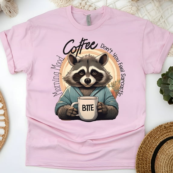 Funny Raccoon Coffee Morning Mood Graphic Unisex T-Shirt, Light Pink, Size S