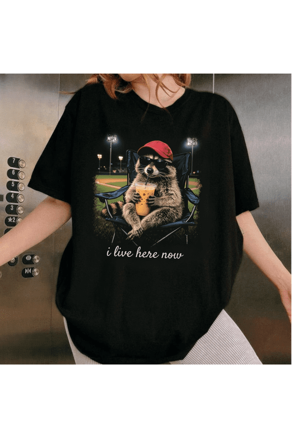 Funny Raccoon Drinking Coffee Shirt, I Live Here Now Tee, Baseball Mom Field Graphic T-Shirt
