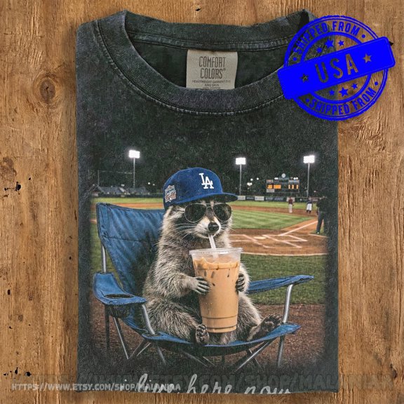 Funny Raccoon Drinking Iced Coffee Shirt, Baseball Mom Dad Gift, Trash Panda Dodger Hat Tee, Iced Coffee Addict Shirt, Sarcastic Raccoon Tee