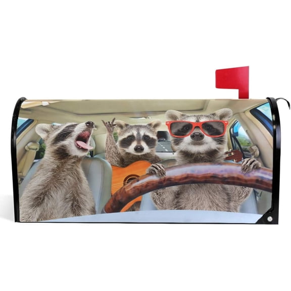 Funny Raccoon Driving Animal Mailbox Covers Magnetic Large Post Letter Box Wraps Garden Yard Home Decor Oversize Size 25.5" X 21"