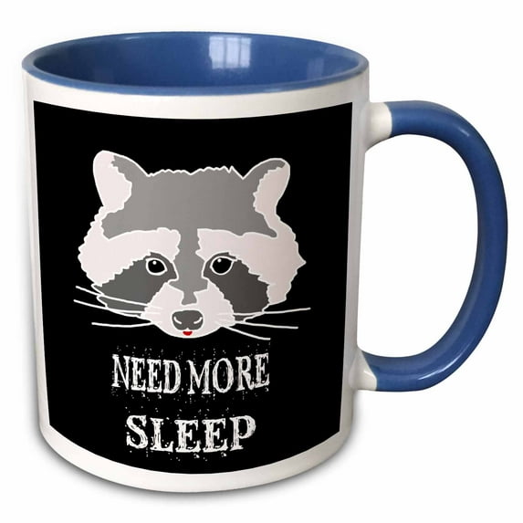 3drose, Funny Raccoon Face. Need More Sleep on Black Background, 11oz Two-tone Blue Mug