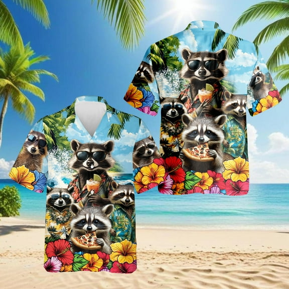 Funny Raccoon Hawaiian Shirt for Men, Button Down Summer Beach Short Sleeve, Tropical Style, Sizes S-5XL