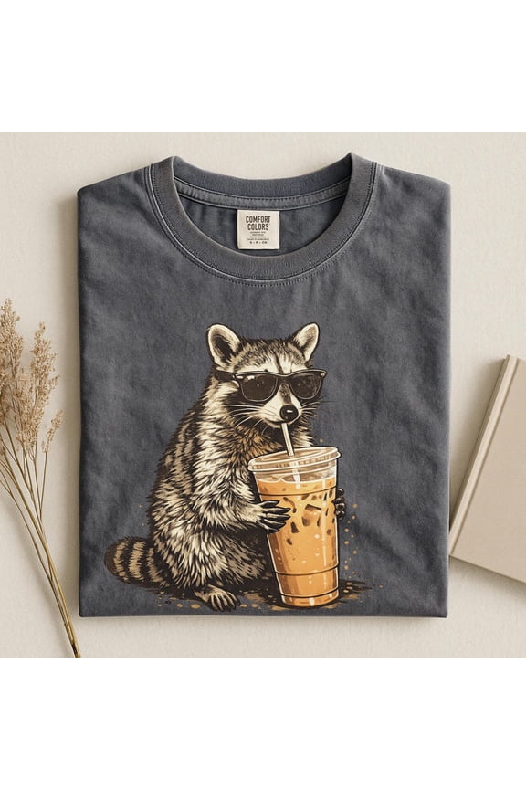 Funny Raccoon Iced Coffee Graphic T-Shirt, Casual Animal Print Unisex Tee