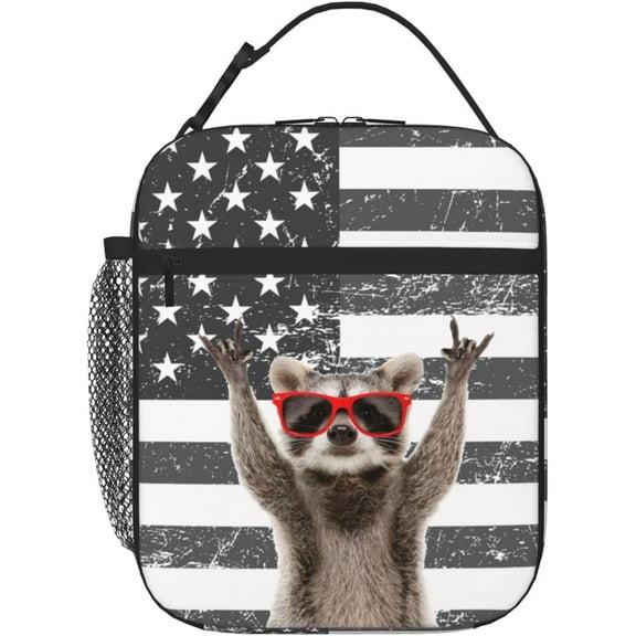 Funny Raccoon Lunch Box for Men Women American Flag Small Lunch Bag for Office Work Picnic Reusable Portable