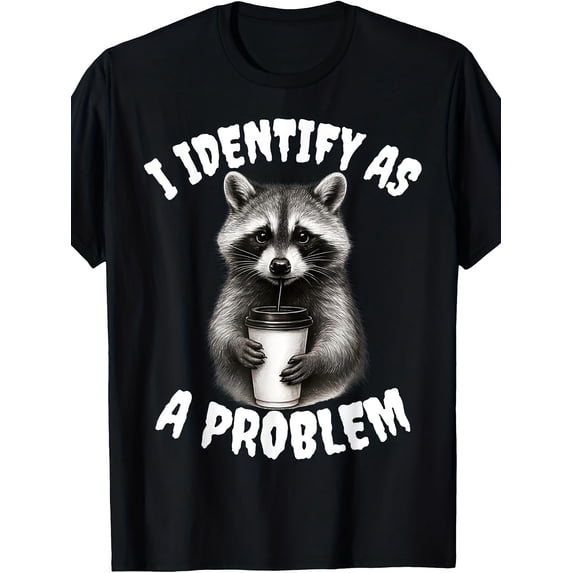 Funny Raccoon Meme T-Shirt - "I Identify As a Problem Raccoon" Slogan with Raccoon Mask Logo - Casual & Party Wear Novelty Tee for Animal Lovers, Round Neck Humor Apparel