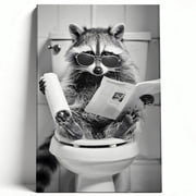 Funny Raccoon On Toilet Framed Canvas Wall Art - Black And White Humorous Animal Print, Whimsical Bathroom Decor 8*12inch20*30cm
