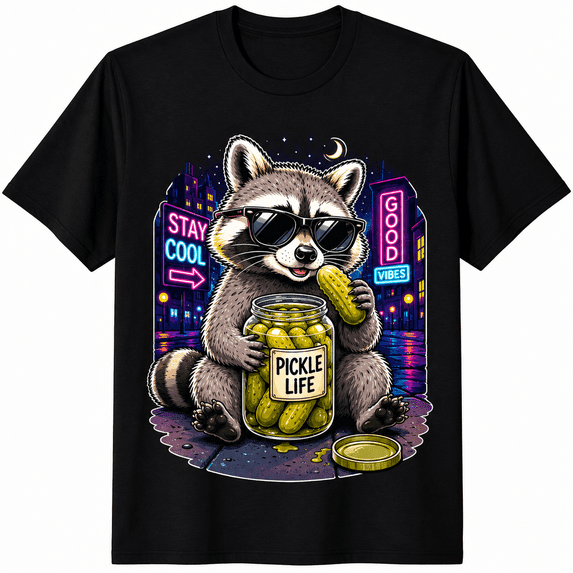 Funny Raccoon Pickle Shirt for Adults Vintage Cool Sunglasses Raccoon Graphic Tee Cute Trash Panda Lover T Shirt Humorous Animal Meme Tee Unisex Casual Short Sleeve Gift for Men Women