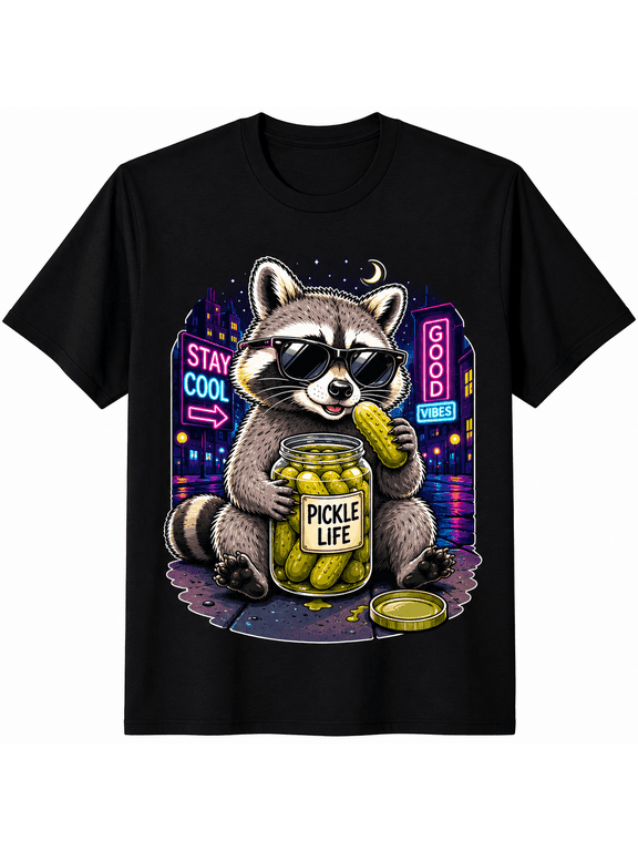 Funny Raccoon Pickle Shirt for Adults Vintage Cool Sunglasses Raccoon Graphic Tee Cute Trash Panda Lover T Shirt Humorous Animal Meme Tee Unisex Casual Short Sleeve Gift for Men Women