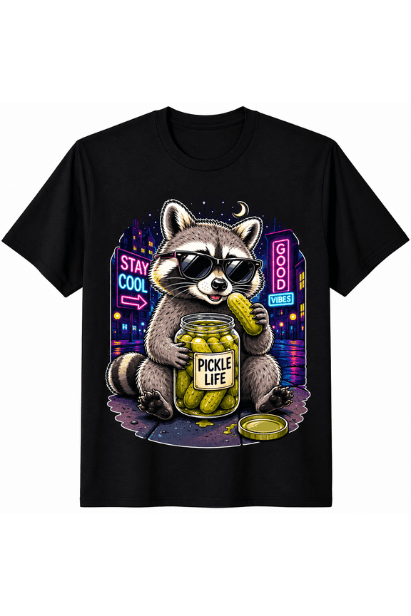 Funny Raccoon Pickle Shirt for Adults Vintage Cool Sunglasses Raccoon Graphic Tee Cute Trash Panda Lover T Shirt Humorous Animal Meme Tee Unisex Casual Short Sleeve Gift for Men Women