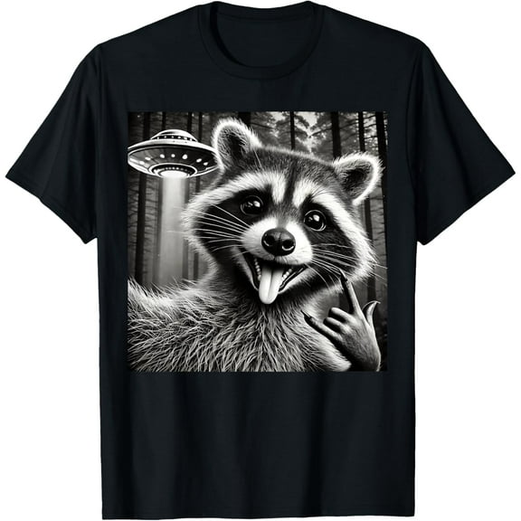Funny Raccoon Rock Selfie with UFO Alien Meme Men Women Kids T-Shirt Tops Tee