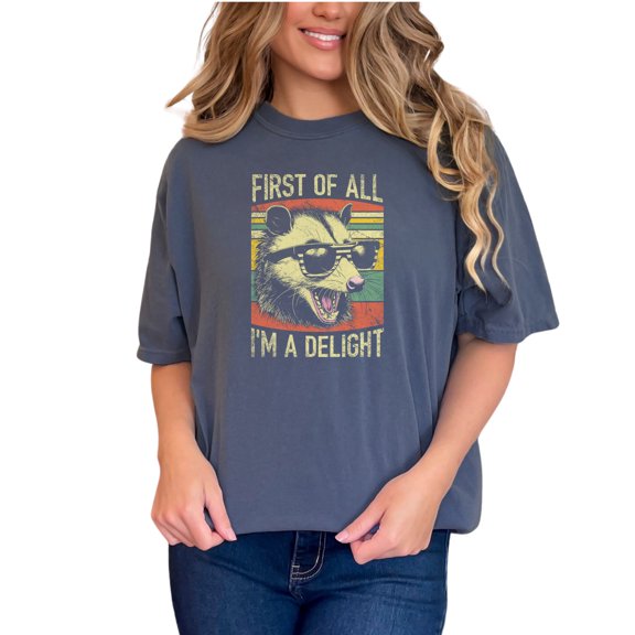 Funny Raccoon Shirt, First of All I'm a Delight Shirt, Retro Animal Tee, Cool Raccoon Graphic, Unique Gift for Animal Lovers, Denim Comfort Colors T-Shirt, 2XL