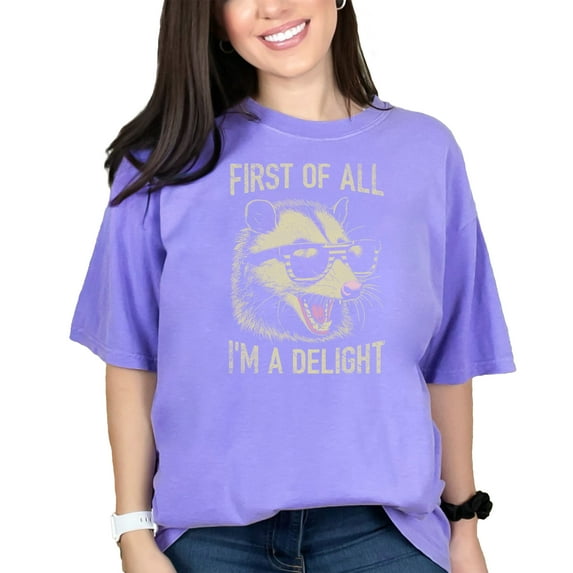 Funny Raccoon T-Shirt, First Of All I'm A Delight Shirt, Cute Animal Graphic Tee, Humorous Novelty Gift, Adorable Creature Apparel, Violet Comfort Colors T-Shirt, Medium