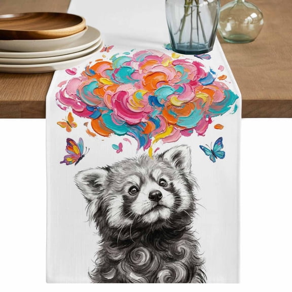 Funny Raccoon Table Runner 36 Inches, Modern Abstract Art Colorful Clouds Bed Runner Dresser Scarves Tabletop for Indoor Outdoor Parties/Ceremony/Banquet, 13"x 36"
