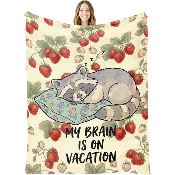 Funny Raccoon Throw Blanket "My Brain is on Vacation" Raccoon Gifts | Flannel Polyester Blanket, Cute Animal Gifts for Women, Men, Teens, Raccoon Lovers, Introverts, Strawberry Decor, 50x60Inch