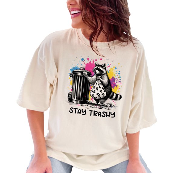 Funny Raccoon Trash Can T-Shirt, Trash Panda Graphic Tee, Stay Trashy Raccoon Shirt, Cute Animal Lover Gift, Casual Humor T-Shirt, Ivory Comfort Colors T-Shirt, Large