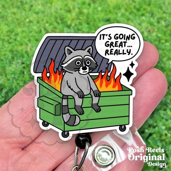 Funny Racoon Dumpster Fire Badge Reel, Cute Raccoon Retractable Badge Id Holder for Nurses, Vet Techs & Teachers, Heavy Duty, MRI Safe
